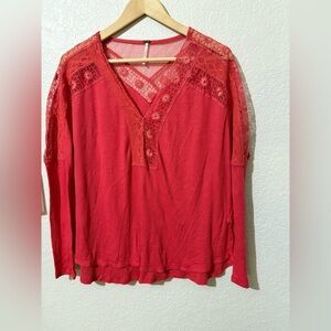 Free People Lola Lace Trim V-Neck Top Sz Small